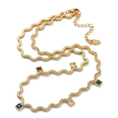 304 Stainless Steel Rope Chain Colorful Cubic Zirconia Tassel Necklaces for Women