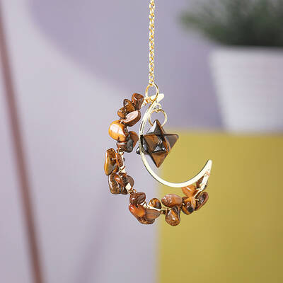Natural Tiger Eye Chip Wire Wrapped Metal Moon Hanging Ornaments