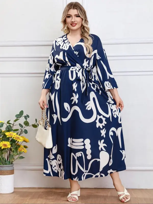 Plus Size All Over Print Belted Wrap V Neck Dress, Casual Long Sleeve A Line Dress for Summer, Women's Plus Clothing for Dail...