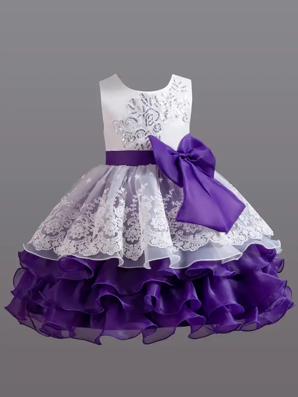 Girl's Floral Embroidery Contrast Sequin Bow Decor Tiered Layer Dress, Elegant Patchwork Sleeveless Round Neck Party Dress fo...
