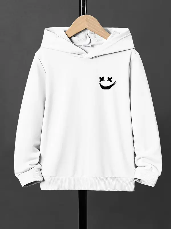 Boy's Cartoon Face Print Drop Shoulder Hoodie, Fashion Casual Hooded Sweatshirt for Daily Outdoor Wear, Boys Clothing for Spr...