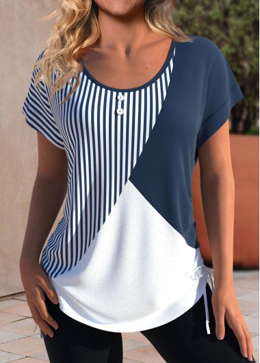 Modlily Navy Patchwork Striped Short Sleeve Round Neck T Shirt - M