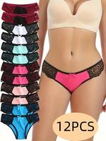 12PCS, Seamless Women's Daily Sports Underwear, Low Waist Comfortable Cotton Splicing Triangle Pants, Lace Lace Bow Underwear...