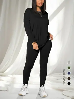 Women's Solid Drop Shoulder Tee & Elastic Waist Skinny Pants Two-piece Set, Casual Fashion Cozy Round Neck Long Sleeve T-shir...