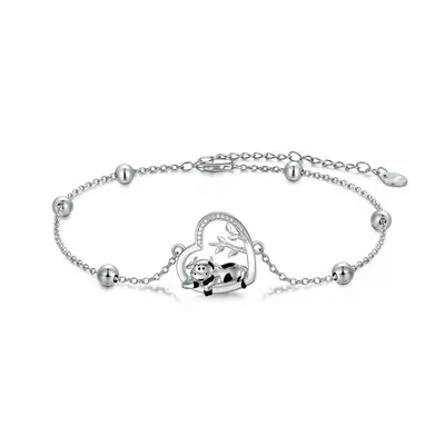 Sterling Silver Circular Shaped Cubic Zirconia Cow & Heart Charm Bracelet