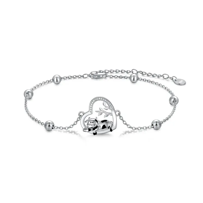 Sterling Silver Circular Shaped Cubic Zirconia Cow & Heart Charm Bracelet