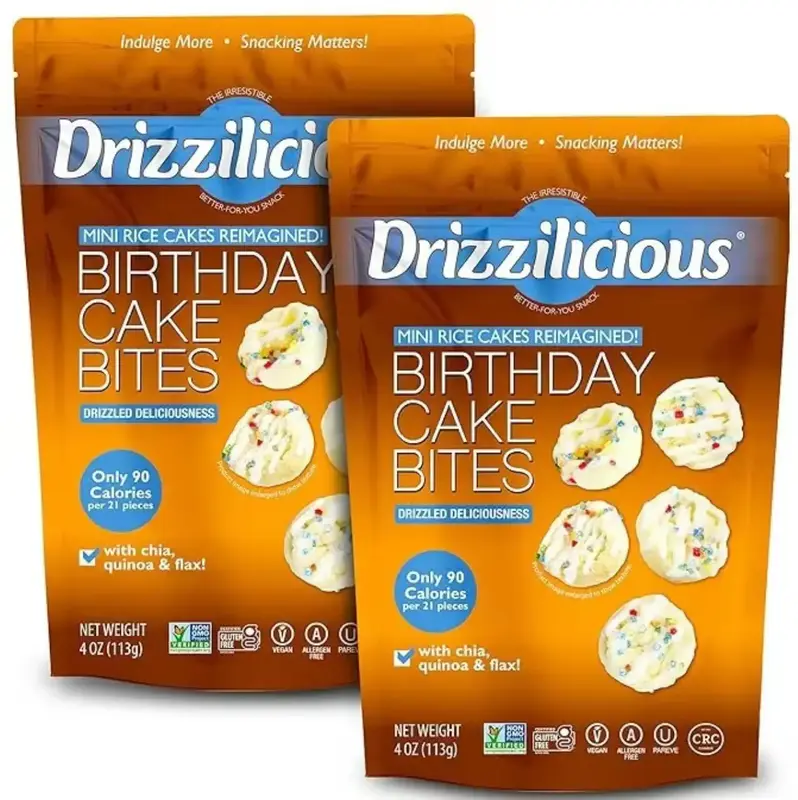 Drizzilicious Birthday Cake Mini Rice Cakes - Gluten-Free, Vegan, Crunchy Snack, 4 oz (Pack of 2), 90 Calories per Serving, A...