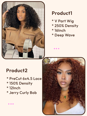 2 Wigs $178 for 250% Density V Part Deep Wave 16Inch and PreCut 6x4.5 Lace Reddish Brown Curly Bob 12Inch