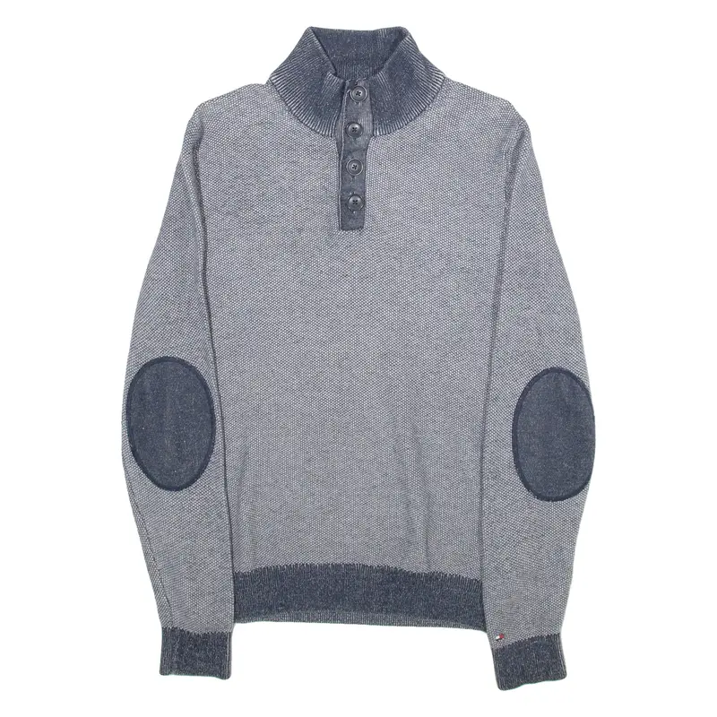 TOMMY HILFIGER Mens Jumper Blue Button Neck Tight Knit M