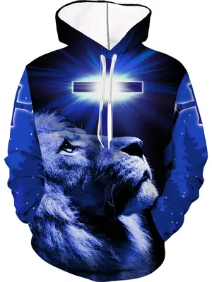 Men's Lion & Cross Print Drawstring Hoodie, Regular Fit Casual Pocket Hooded Sweatshirt Pullover, Men's Top for Daily Street...