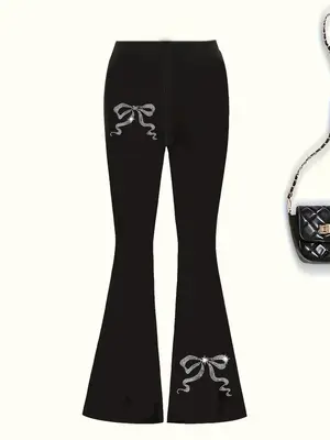 Girl's Bow Print Flare Leg Pants, Casual Comfy Bell Bottom Trousers for Daily Wear, Kids Bottoms for All Seasons