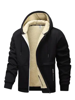 Men's Letter Print Drawstring Zip Up Hooded Jacket, Regular Fit Casual Long Sleeve Pocket Outerwear for Fall & Winter, Men's ...