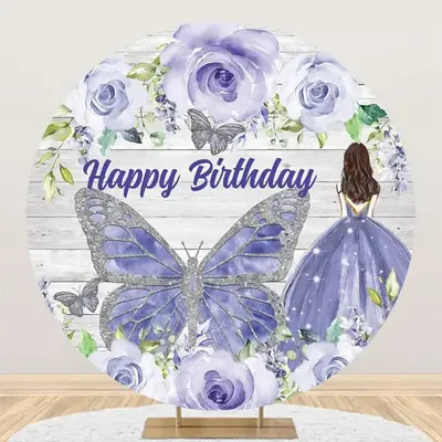 Blue Floral Butterfly Wooden Round Birthday Backdrop - Aperturee