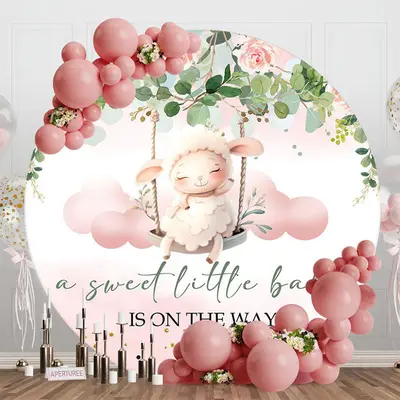 Aperturee Pink Floral Plant Lamp Round Baby Shower Backdrop, Diameter 5Ft/1.5M, 49 USD, round baby shower backdrops, RZH0G265...