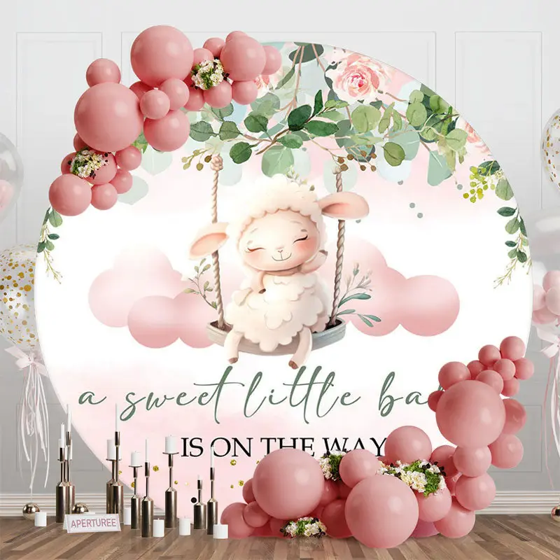 Aperturee Pink Floral Plant Lamp Round Baby Shower Backdrop, Diameter 5Ft/1.5M, 49 USD, round baby shower backdrops, RZH0G265...