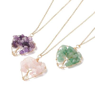Natural Gemstone Chips Heart with Tree of Life Pendant Necklace