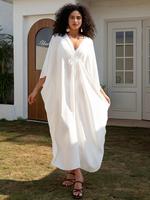 Women's Ruched Split Batwing Sleeve Kaftan Dress, Modesty Casual V Neck Maxi Dress for Summer, Women's Clothes for Vacation P...