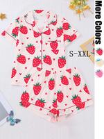 Women's Strawberry Print Short Sleeve Pajama Two-piece Set, Regular Fit Cute Casual Comfy Top & Shorts Pj Set, Ladies Sleepwe...
