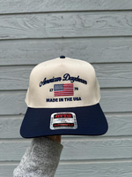 American Daydream Trucker Hat, Canvas Navy Tan Embroidered Cap, Unisex Patriotic Hat for Summer BBQ, Camping & Memorial D...