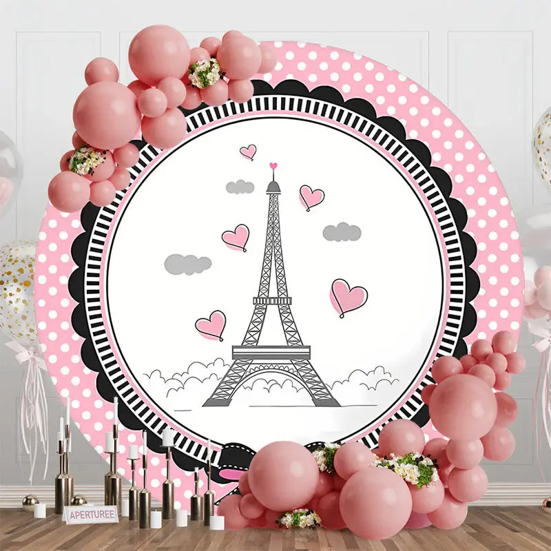 French Eiffel Tower Elegant Pink Dots Round Backdrop - Aperturee