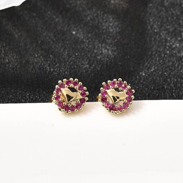 Flat Round with Heart Brass Micro Pave Cubic Zirconia Stud Earrings