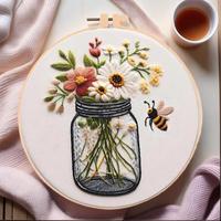 Flower Vase & Bee Pattern Embroidery Kit, 1 Set Embroidery Cloth & Embroidery Hoop & Needle & Instructions, DIY Embroidery Su...