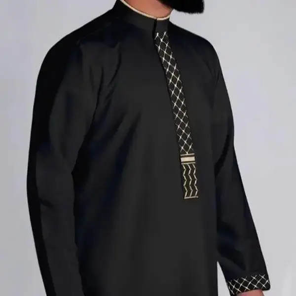 Men's Thobe with Kuffiyeh Detailing, Black, Traditional Style for Cultural Aesthetics and Versatile Wear