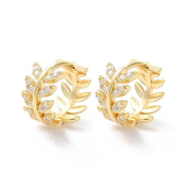 Rack Plating Leaf Brass Clear Cubic Zirconia Hoop Earrings