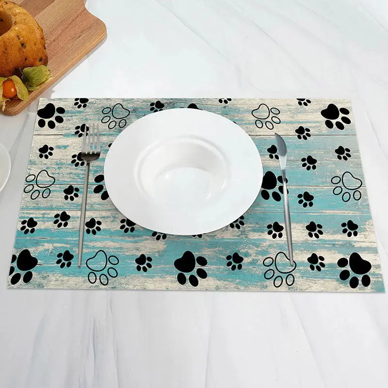 Grey Blue Animal Paw Prints Retro Set Of 4 Placemats - Aperturee