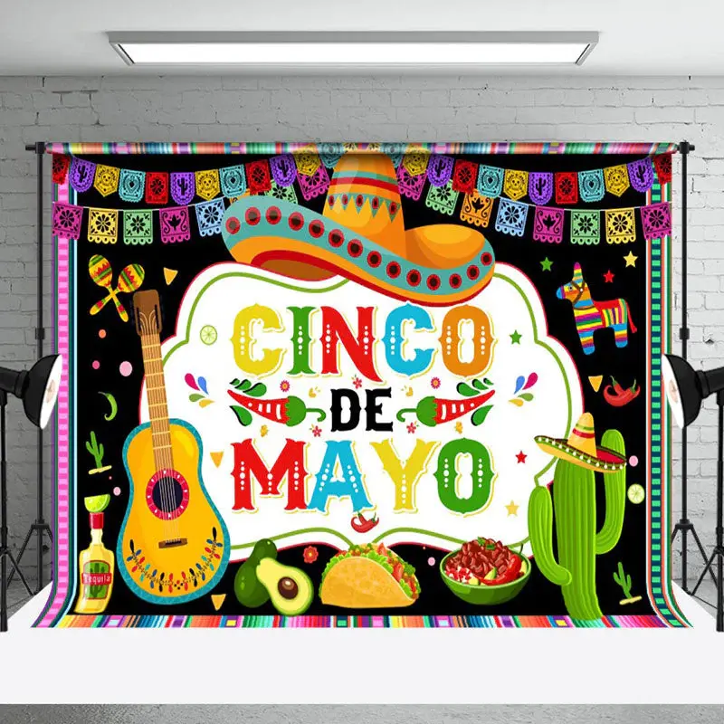 Sombrero Chili Guitar Cactus Cinco De Mayo Backdrop - Aperturee