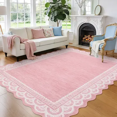 Garvee 8x10 Scalloped Lace Rug for Living Room, Washable Soft Rugs Non Slip Pink Rug Non-Shedding Low Pile Carpet for College...