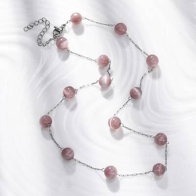 304 Stainless Steel Cat Eye Round Beads Handmade Chain Necklaces for Women
