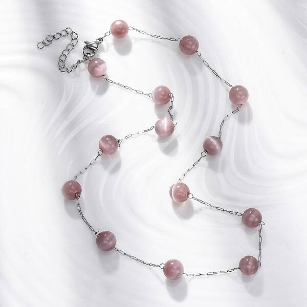 304 Stainless Steel Cat Eye Round Beads Handmade Chain Necklaces for Women