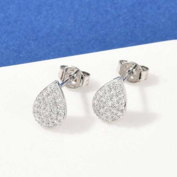 Teardrop Brass Micro Pave Clear Cubic Zirconia Stud Earrings