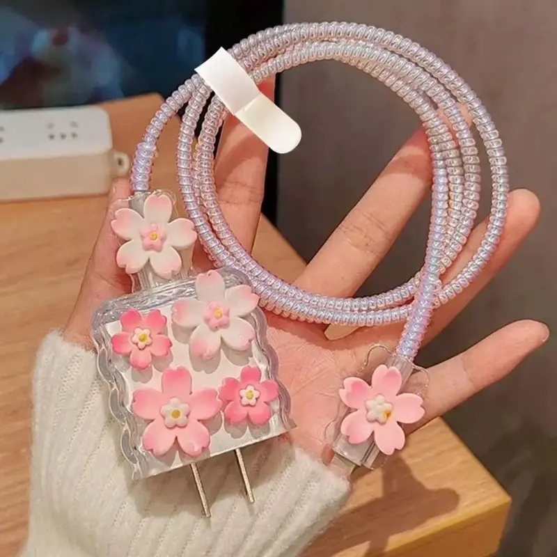 Cute Pink Cherry Blossom Aesthetic Print Charger Protective Case, Charger-Protection Cover, 18W/20W Fast Charging Charger P...