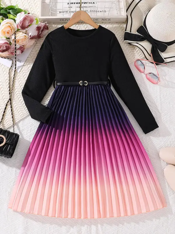 Girl's Ombre Pleated Belted Ribbed Dress, Elegant Long Sleeve Round Neck A Line Dress for Party Holiday Wedding Guest, Kids F...