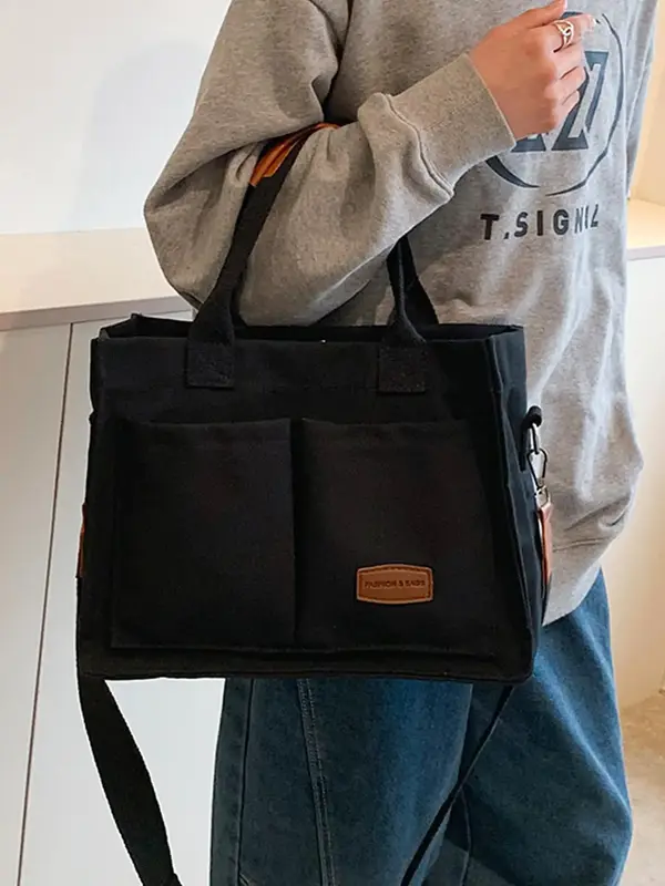Simple Plain Fashion Trendy Canvas Shoulder Bag, Daily Commuting Large Capacity Tote Bag, Letter Patch Decor Shopper Bag, Pre...