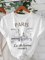 Women's Paris City Graphic Print Round Neck Tee, Fashion Casual Short Sleeve T-shirt, Ladies Summer Clothes for Daily Wear