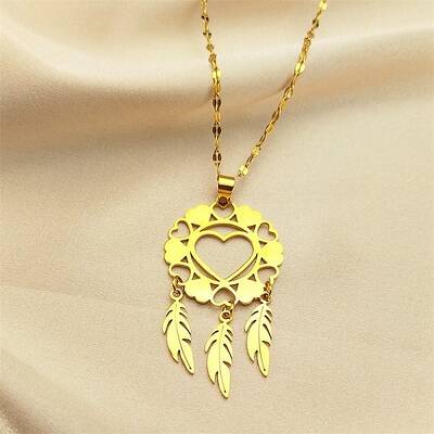 Woven Net/Web with Feather 304 Stainless Steel Boho Pendant Necklaces for Women