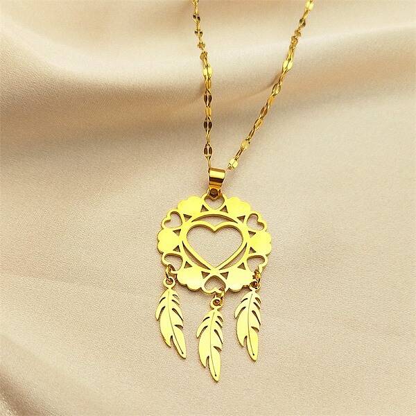 Woven Net/Web with Feather 304 Stainless Steel Boho Pendant Necklaces for Women