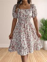 Women's Ditsy Floral Print Shirred Ruffle Hem A Line Dress, Casual Boho Fashion Square Neck Puff Sleeve Knee Length Dress for...