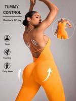 Women's Solid Crisscross Backless Sports Jumpsuit, Sporty Plain Criss Cross Comfy Breathable Adjustable Strap Sleeveless Scru...