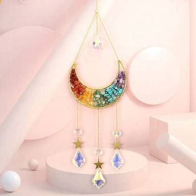 Copper Wire Wrapped Gemstone Chips & Metal Moon Pendant Decorations