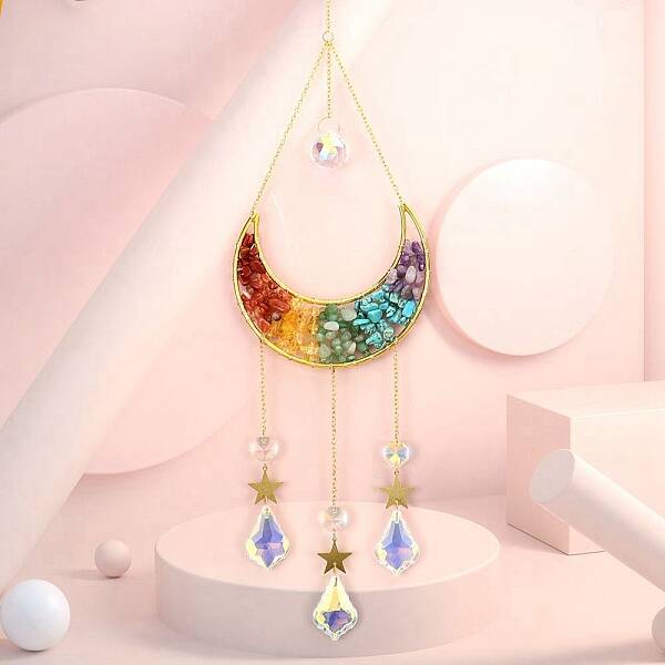Copper Wire Wrapped Gemstone Chips & Metal Moon Pendant Decorations
