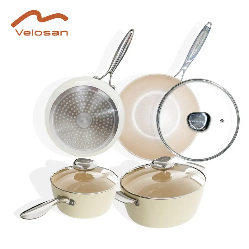 Velosan 7pcs Pebble cookware set,including frying pan,wok,milk pan,saucepan,non-stick easy to clean stainless steel handles m...