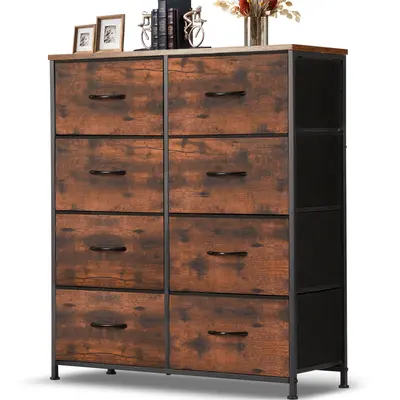 Dresser for Bedroom with 8 Fabric Drawers, Tall Chest Organizer Units with Metal Frame, Wood Table Top, Storage Tower with Cl...