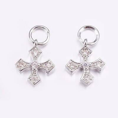 Brass Micro Pave Cubic Zirconia Tiny Cross Charms