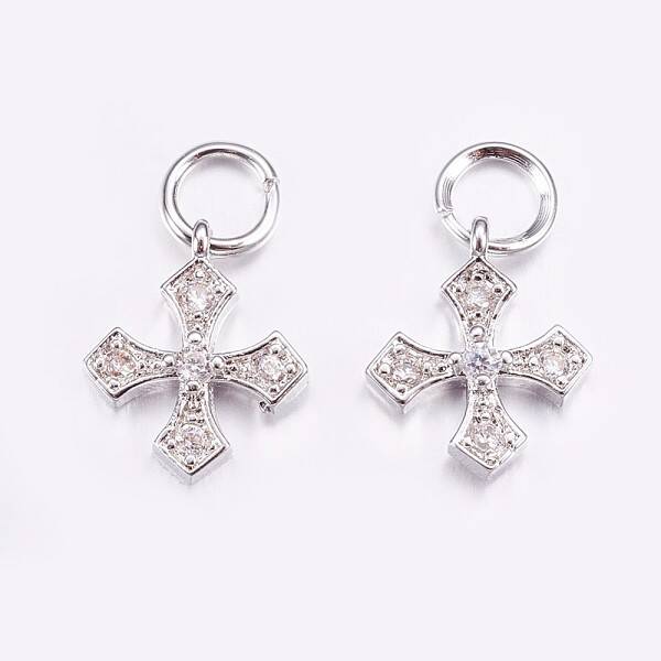 Brass Micro Pave Cubic Zirconia Tiny Cross Charms
