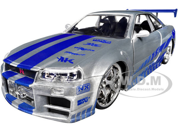 Brian's Nissan Skyline GT-R (R34) RHD (Right Hand Drive) Silver Color Brush Finish with Blue Stripes 2 Fast 2 Furious (2003...