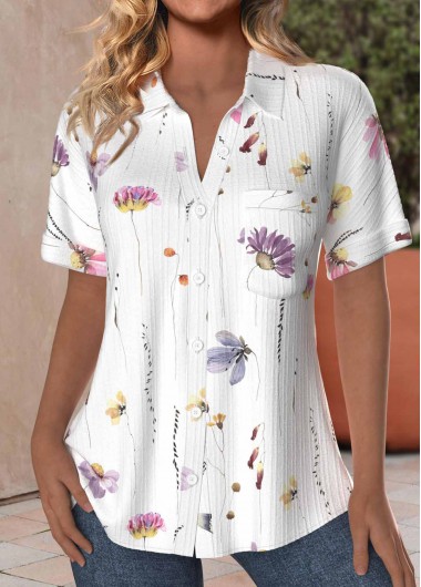 Modlily White Textured Fabric Plus Size Floral Print Shirt - XXL